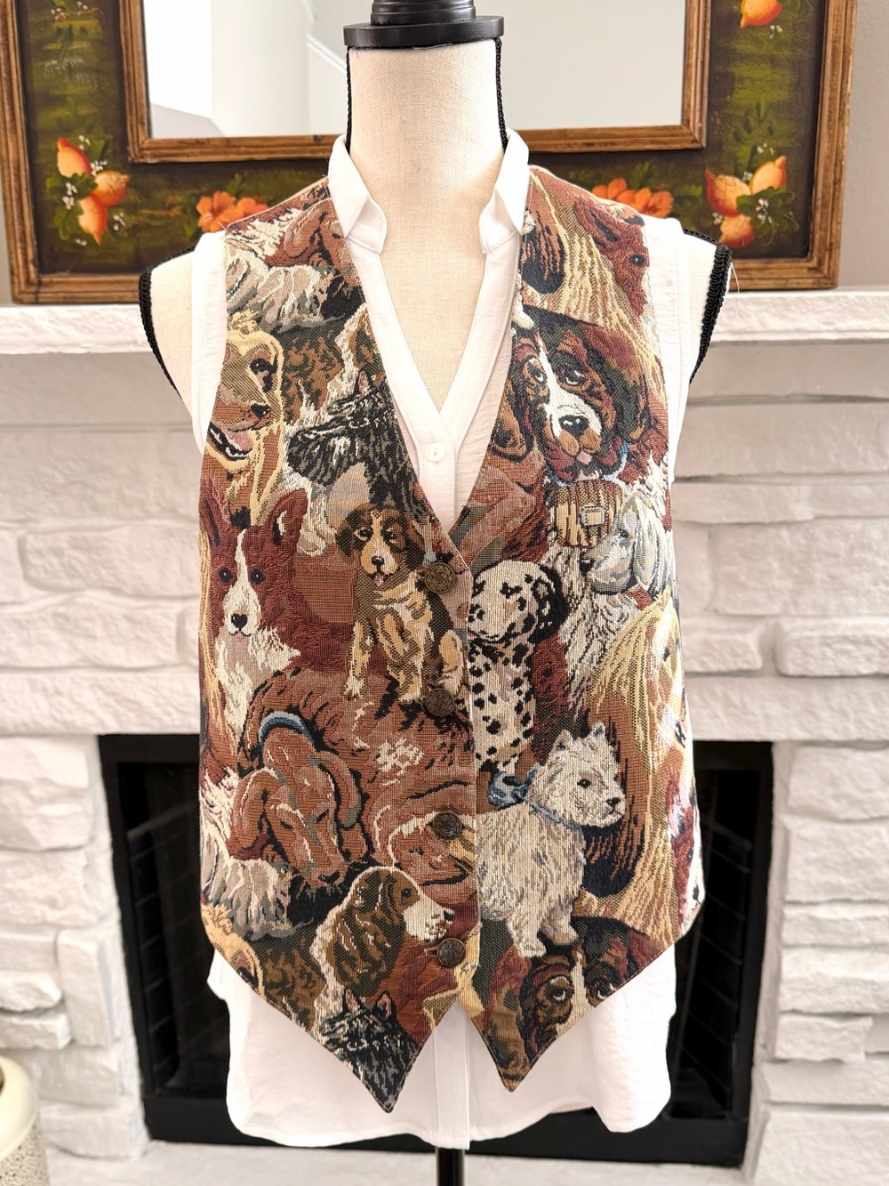Vintage Nadia Dog Breed Tapestry Vest Small Brass Buttons Tie Back